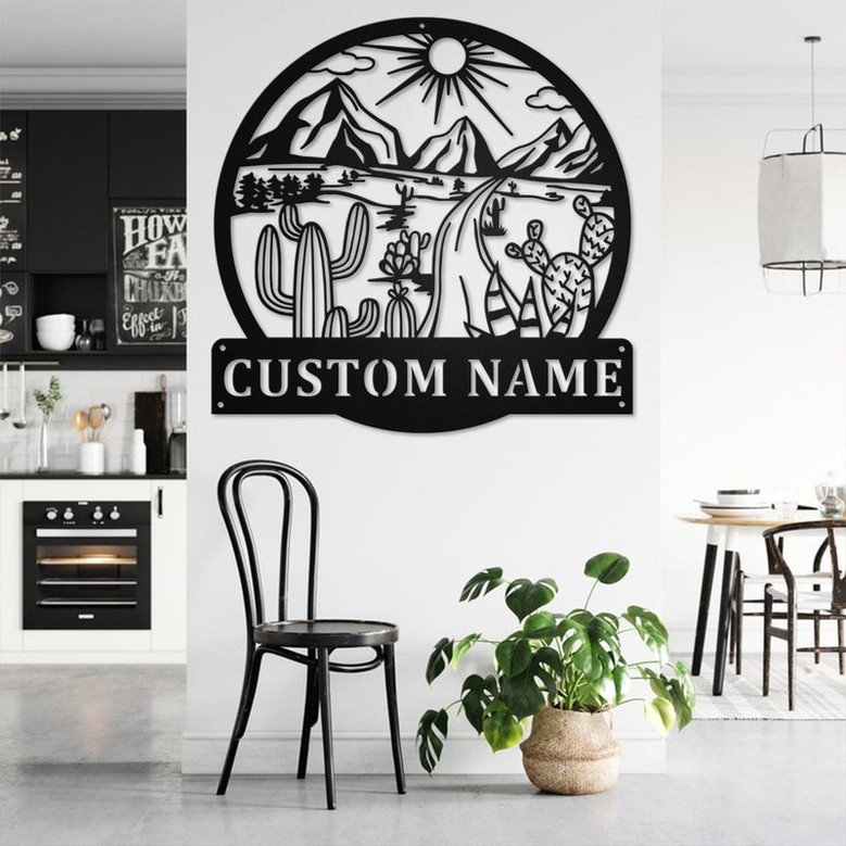 Custom Round Landscape With Cactus Metal Wall Art, Personalized Cactus Name Sign Decoration For Room, Cactus Metal Home Decor, Custom Cactus