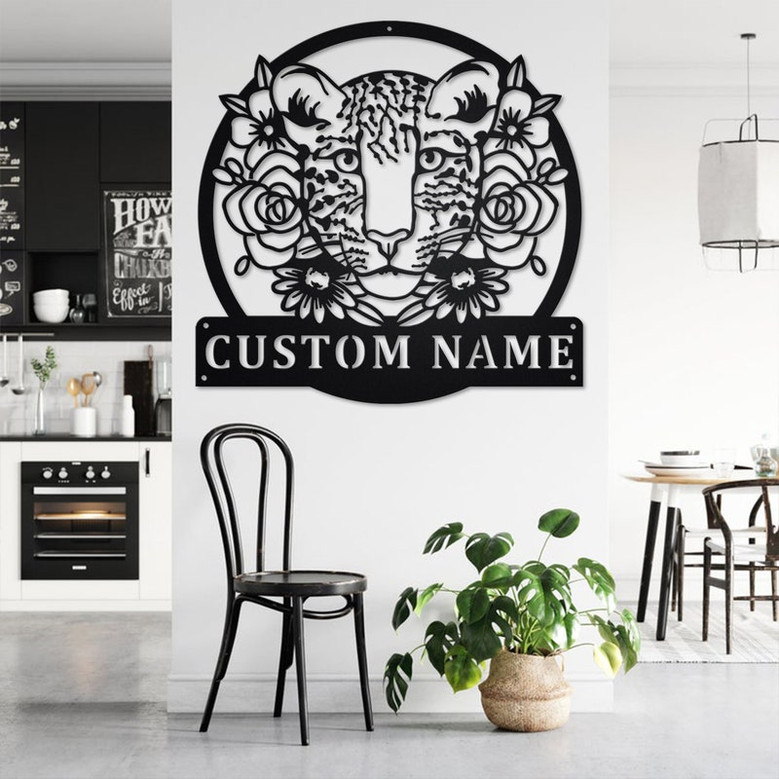 Custom Leopard With Flower Metal Wall Art, Personalized Leopard Name Sign Decoration For Room, Leopard Metal Home Decor, Custom Leopard