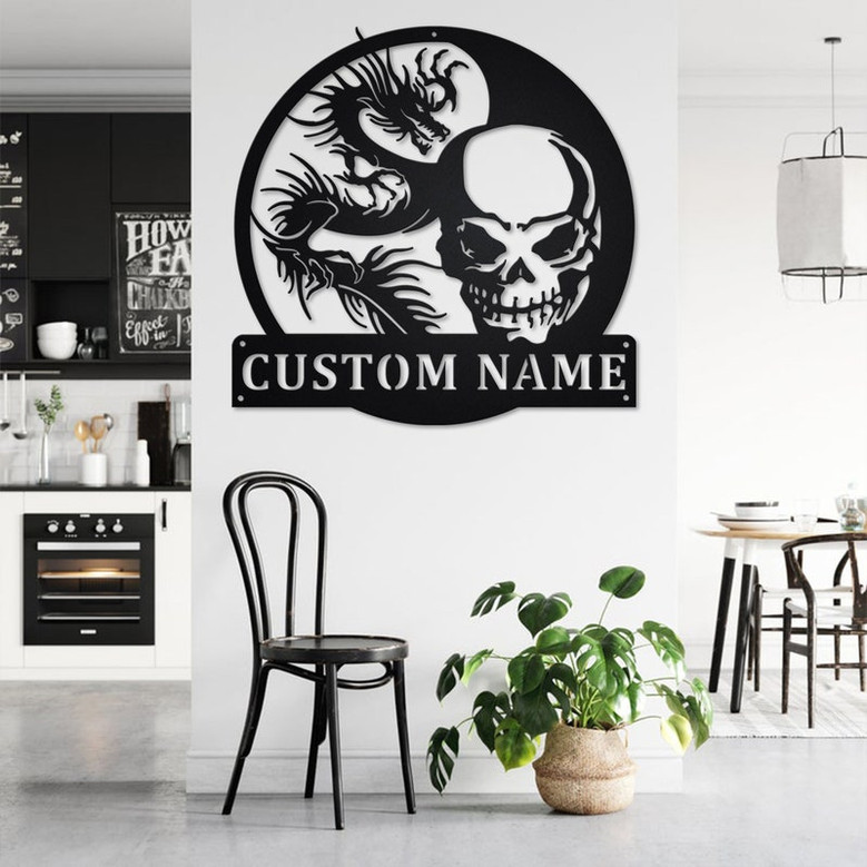 Custom Skull And Dragon Metal Wall Art, Personalized Skull And Dragon Name Sign Decoration For Room, Skull And Dragon Home Decor
