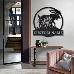 Personalized Moose with Cattails Monogram Metal Sign | Custom Moose with Cattails Metal Sign | Moose Gifts