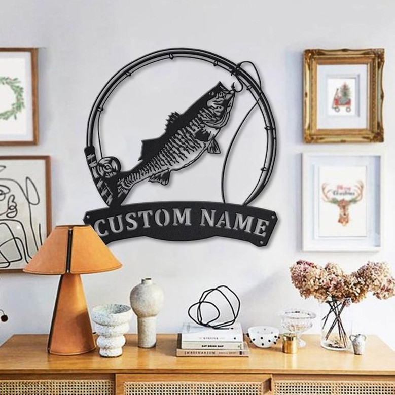 Personalized Striped Bass Fish Pole Monogram Metal Sign Art Striped Bass Fish Metal Sign Fishing Lover Sign Decoration For Living Room