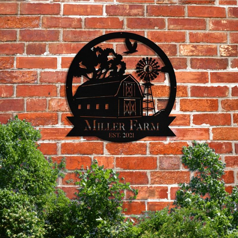 Personalized Metal Farm Sign Barn Windmill Monogram Custom Outdoor Farmhouse Front Gate Entry Road Wall Decor Art Gift