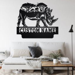 Custom Safari Rhino Metal Wall Art, Personalized Rhino Name Sign Decoration For Room, Rhino Home Decor, Custom Rhino, Rhino Metal Decor