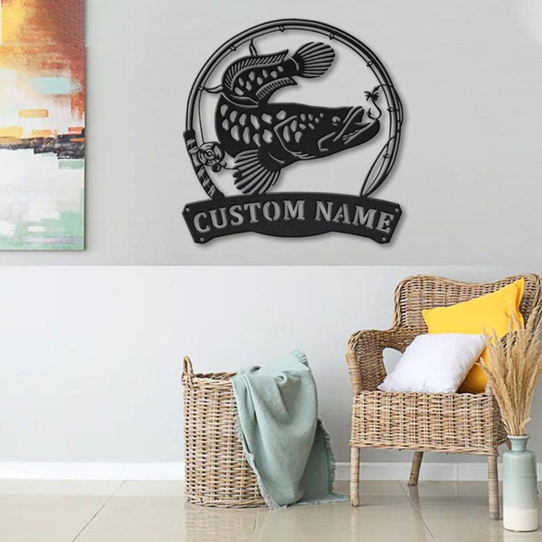 Personalized Snakehead Fish Pole Monogram Metal Sign Art , Custom Snakehead Fish Metal Sign, Fishing Lover Sign Decoration For Living Room