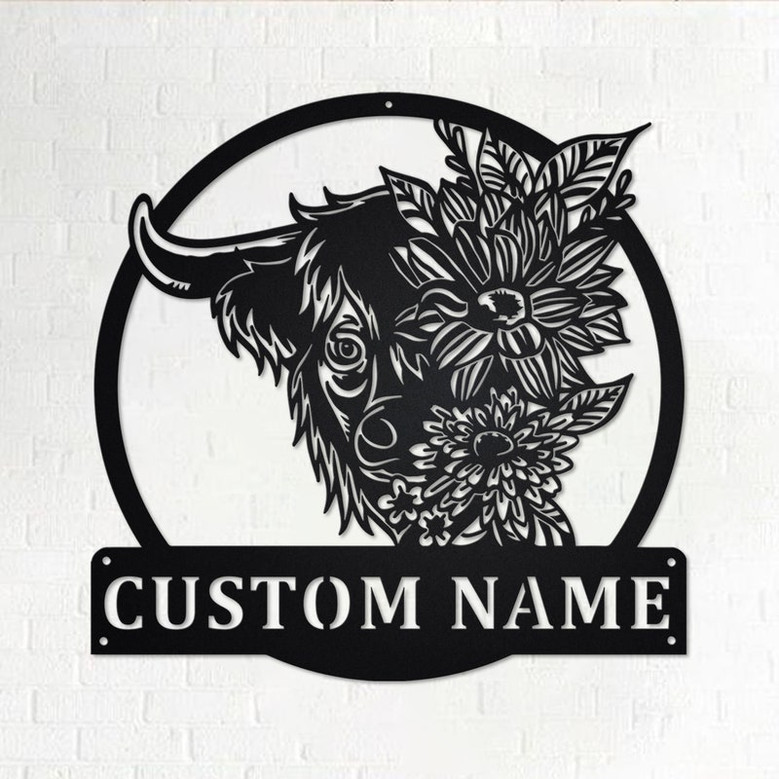 Custom Floral Highland Cow Metal Wall Art, Personalized Highland Cow Name Sign Decoration For Room, Highland Cow Home Decor , Highland Cow