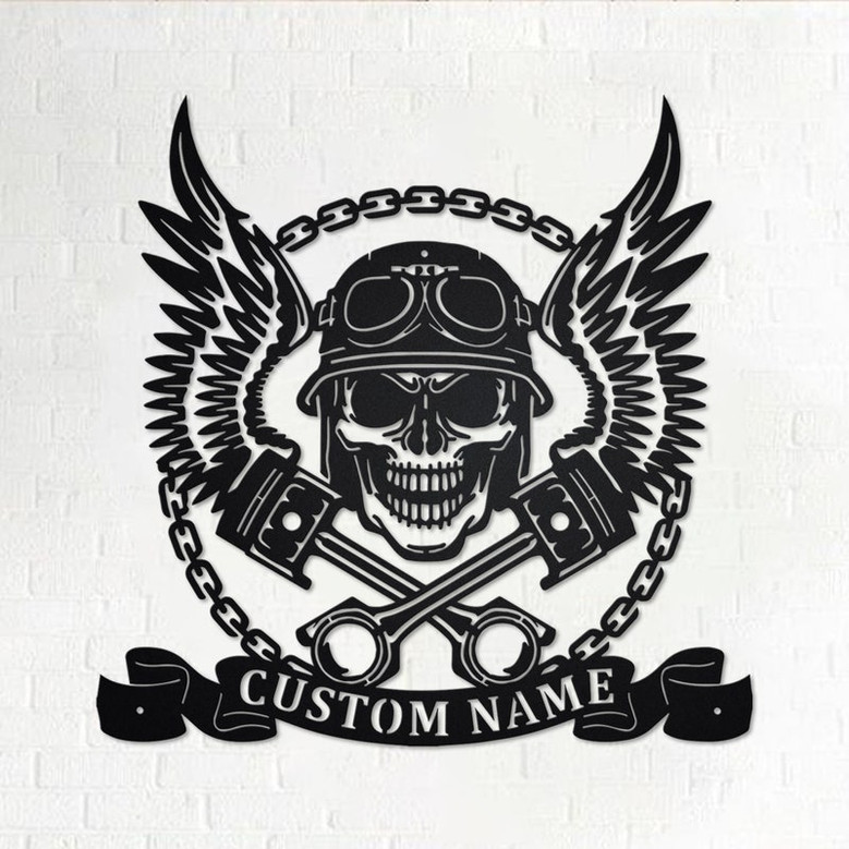 Custom Biker Skull With Wings And Pistons Metal Wall Art, Personalized Biker Name Sign Decoration For Room, Biker Home Decor, Custom Biker