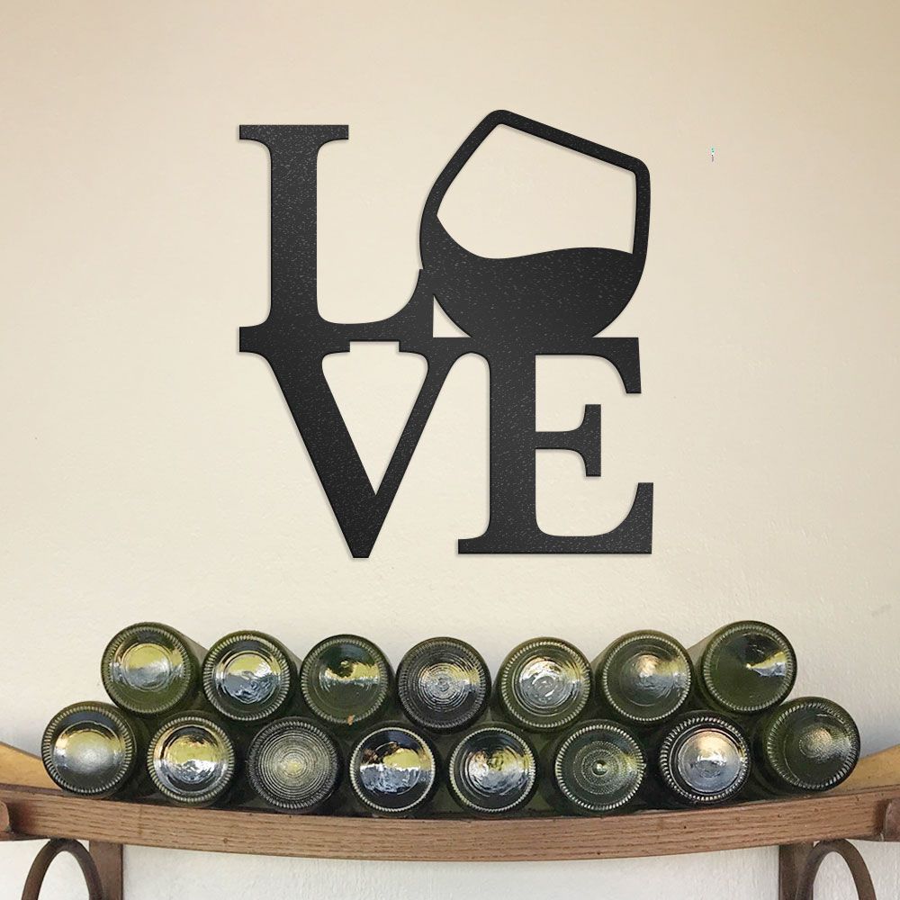Love With Wine Glass Stacked Letter Metal Wall Art, Decorative Metal Wine Sign