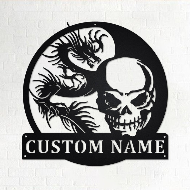 Custom Skull And Dragon Metal Wall Art, Personalized Skull And Dragon Name Sign Decoration For Room, Skull And Dragon Home Decor