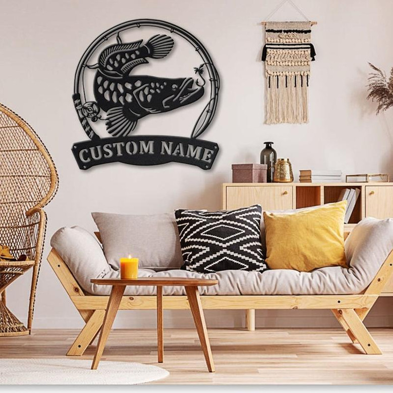 Personalized Snakehead Fish Pole Monogram Metal Sign Art , Custom Snakehead Fish Metal Sign, Fishing Lover Sign Decoration For Living Room