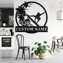 Custom Surfing Sunset Metal Wall Art, Personalized Surfer Name Sign Decoration For Room, Surfing Metal Home Decor, Custom Surfing Sunset