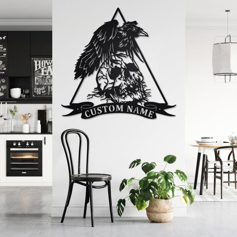 Custom Raven With Skull Metal Wall Art, Personalized Raven Name Sign Decoration For Room, Raven Metal Home Decor, Custom Raven, Raven Skull