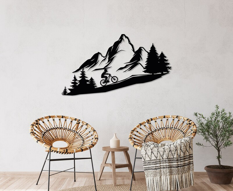 Mountain Tree and Cyclist Wall Art, Metal Bikers Wall Art, Home Decor and Gifts, Mountain Bikers Deco