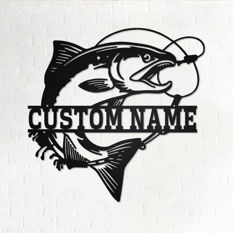 Custom Salmon Fish Metal Wall Art, Personalized Salmon Fish Name Sign Decoration For Room, Salmon Fishing Home Decor, Custom Salmon Fishing
