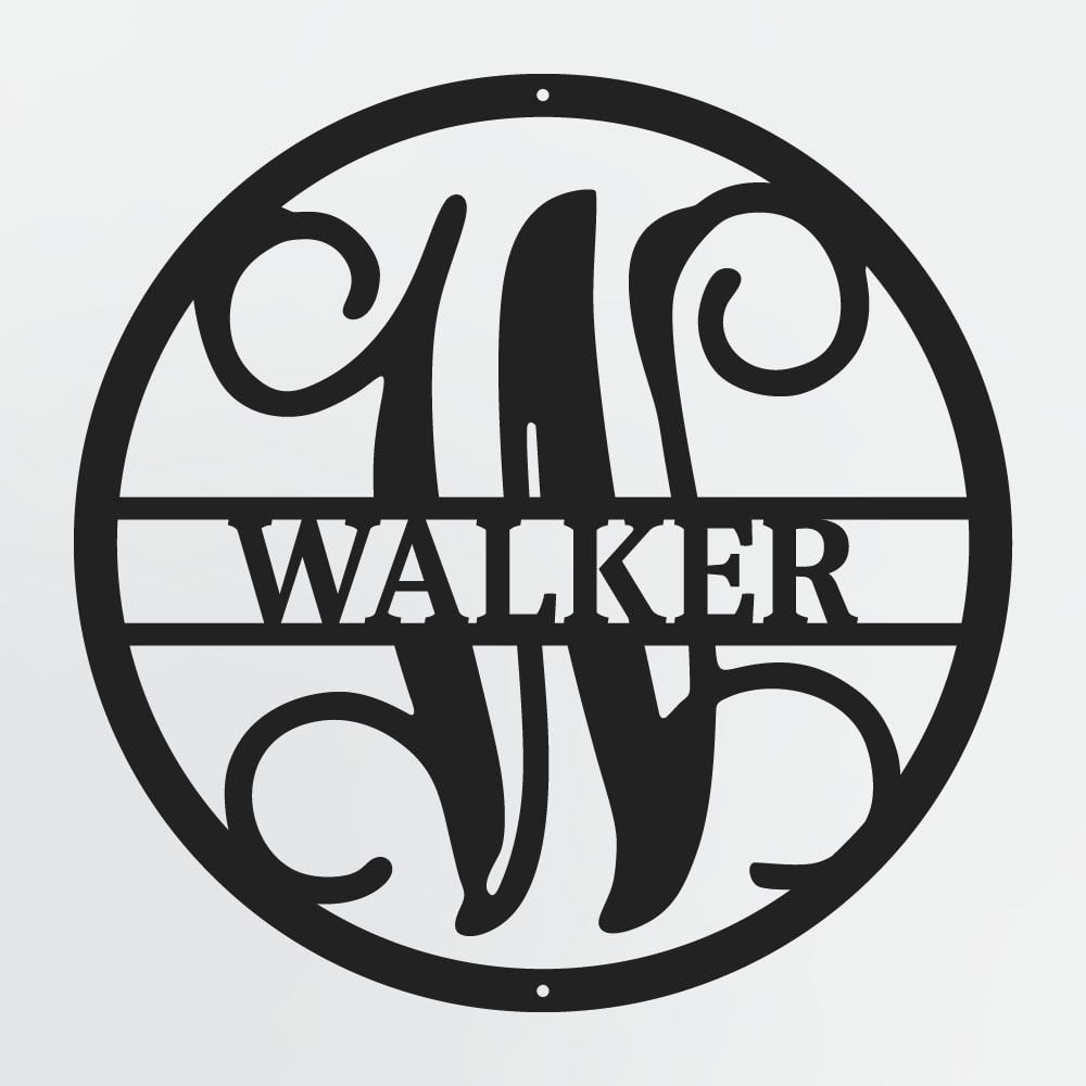 Curly Script Split Letter Monogram In Circle, Personalized Metal Family Name Sign