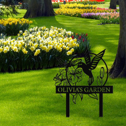Custom Hummingbird Metal Garden Decor, Bird with Stakes Garden Sign, Flower Design Personalized Garden Sign