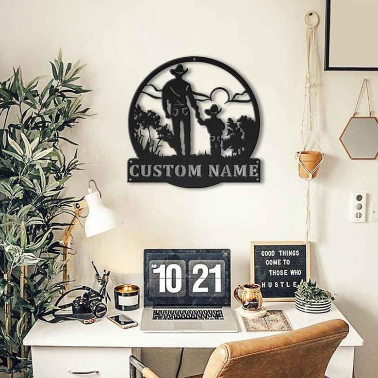 Personalized Cowboy And Son Monogram Metal Sign Art , Custom Cowboy And Son Metal Sign, Cowboy Lover Sign Decoration For Living Room
