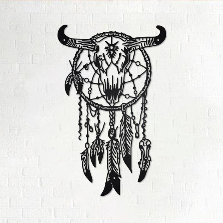 Custom Indian Cow Skull Dreamcatcher Metal Wall Art, Personalized Indian Cow Name Sign Decoration For Room, Indian Cow Home Decor