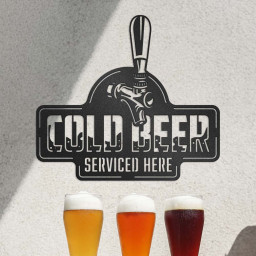 Cold Beer Serviced Here Beer Sign, Metal Bar Decor