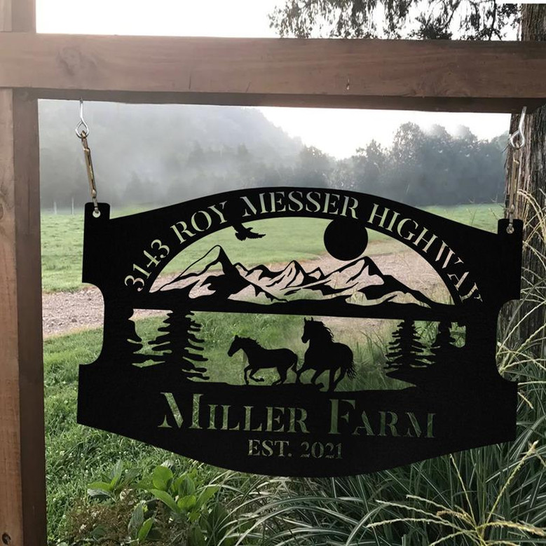 Personalized Metal Wild Horse Sign Monogram Custom Outdoor Farm Farmhouse Ranch Stable Acres Wall Decor Art Gift