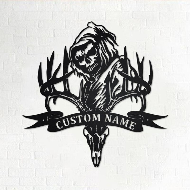Custom Deer Skull Bone Hunting Grim Reaper Metal Wall Art, Personalized Deer Hunting Name Sign Decoration For Room, Deer Hunting Home Decor