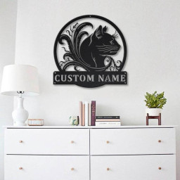 Personalized Black Cat Floral Metal Sign Art | Custom Black Cat Floral Metal Sign