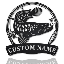 Personalized Snakehead Fish Pole Monogram Metal Sign Art , Custom Snakehead Fish Metal Sign, Fishing Lover Sign Decoration For Living Room