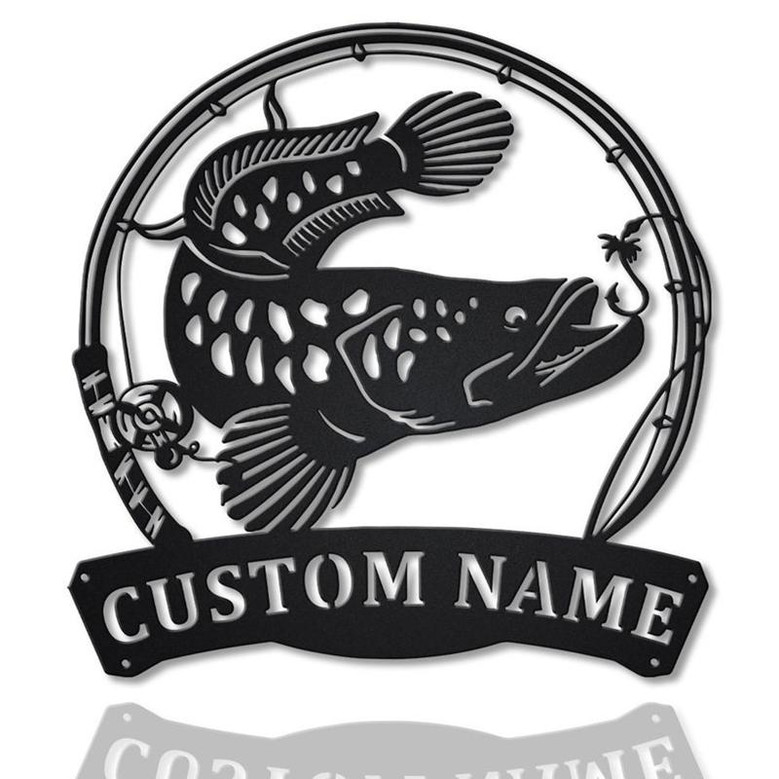 Personalized Snakehead Fish Pole Monogram Metal Sign Art , Custom Snakehead Fish Metal Sign, Fishing Lover Sign Decoration For Living Room