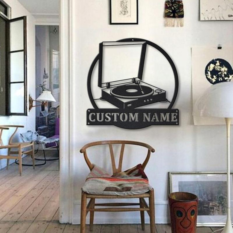 Personalized Music Turntable Record Monogram Metal Sign Art , Custom Turntable Record Metal Sign Music Lover Sign Decoration For Living Room