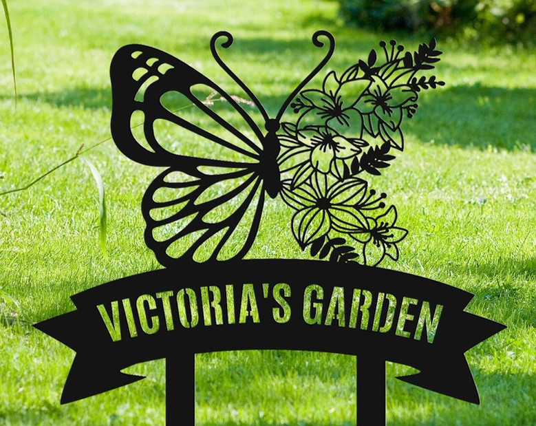 Personalized Butterfly Metal Garden Sign With Stakes, Metal Yard Decor, Custom Flower Bed Sign