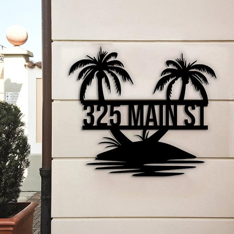 Personalized Palm Tree House Number Address Metal Sign, Custom Tropical Outdoor Sign, Beach House Decor, Pool Lake Sign