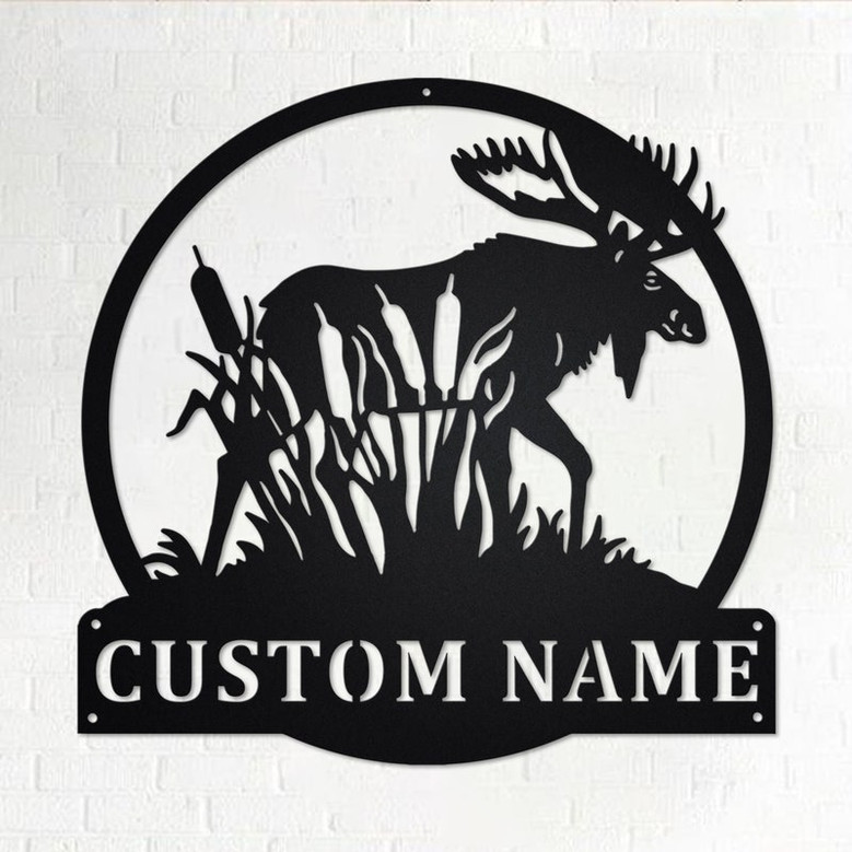 Custom Moose with Cattails Metal Wall Art, Personalized Moose Hunter Name Sign Decoration For Room, Moose Metal Home Decor, Custom Moose