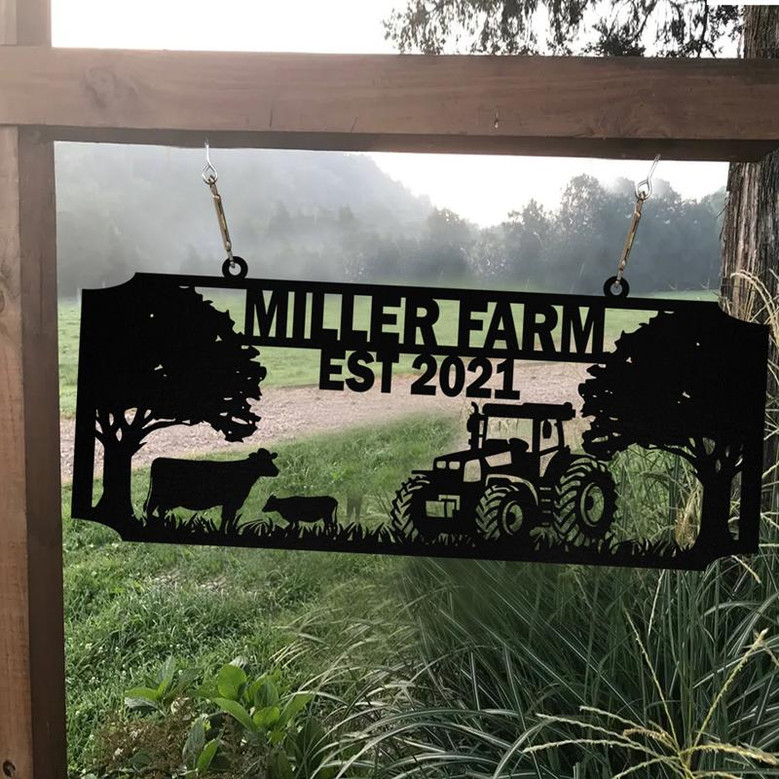 Personalized Metal Farm Sign Cow Tractor Monogram Custom Outdoor Farmhouse Front Gate Entry Road Wall Decor Art Gift