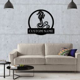Personalized Seahorse Monogram Metal Sign Art, Custom Seahorse Metal Sign, Seahorse Lover Sign Decoration For Living Room
