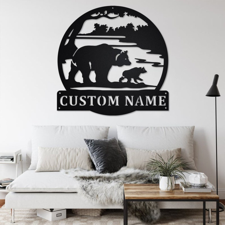 Custom Bear & Cub Scenic Metal Wall Art, Personalized Bear Name Sign Decoration For Room, Bear Home Decor, Custom Bear,Bear Metal Wall Decor