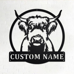 Custom Highland Cow Metal Wall Art, Personalized Highland Cow Name Sign Decoration For Room, Highland Cow Home Decor