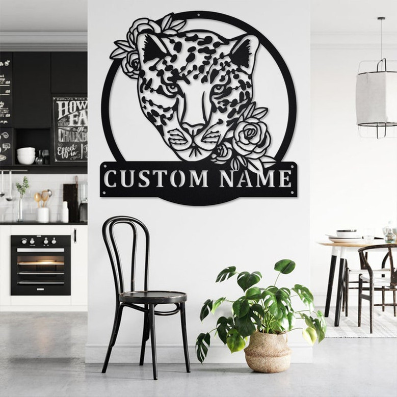 Custom Leopard With Flower Metal Wall Art, Personalized Leopard Name Sign Decoration For Room, Leopard Metal Home Decor, Custom Leopard