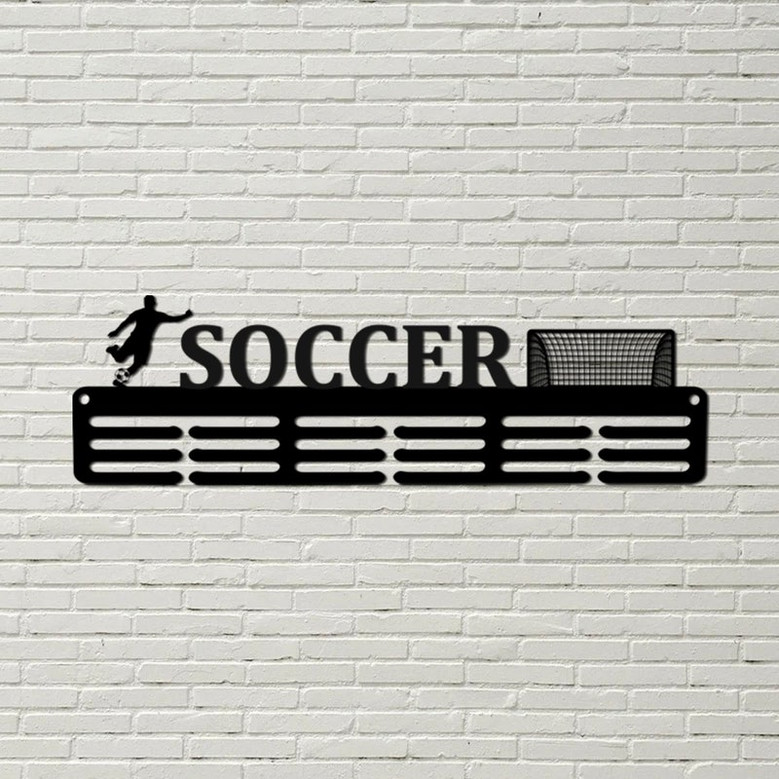 Customized Soccer Sport Medal Hanger Metal sign - 12 Rungs for medals & Ribbons, Show Team Spirit, metal sign wall decor, medal award holder
