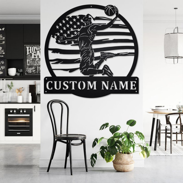 Custom US flag Basketball Player Metal Wall Art, Personalized Basketball Player Name Sign Decoration For Room, Basketball Metal Home Decor