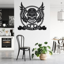 Custom Biker Skull With Wings And Pistons Metal Wall Art, Personalized Biker Name Sign Decoration For Room, Biker Home Decor, Custom Biker