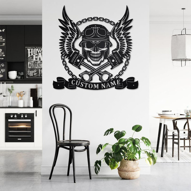 Custom Biker Skull With Wings And Pistons Metal Wall Art, Personalized Biker Name Sign Decoration For Room, Biker Home Decor, Custom Biker
