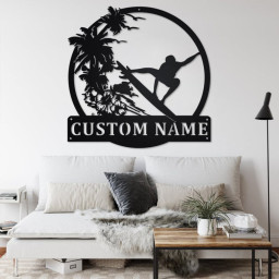 Custom Surfing Sunset Metal Wall Art, Personalized Surfer Name Sign Decoration For Room, Surfing Metal Home Decor, Custom Surfing Sunset