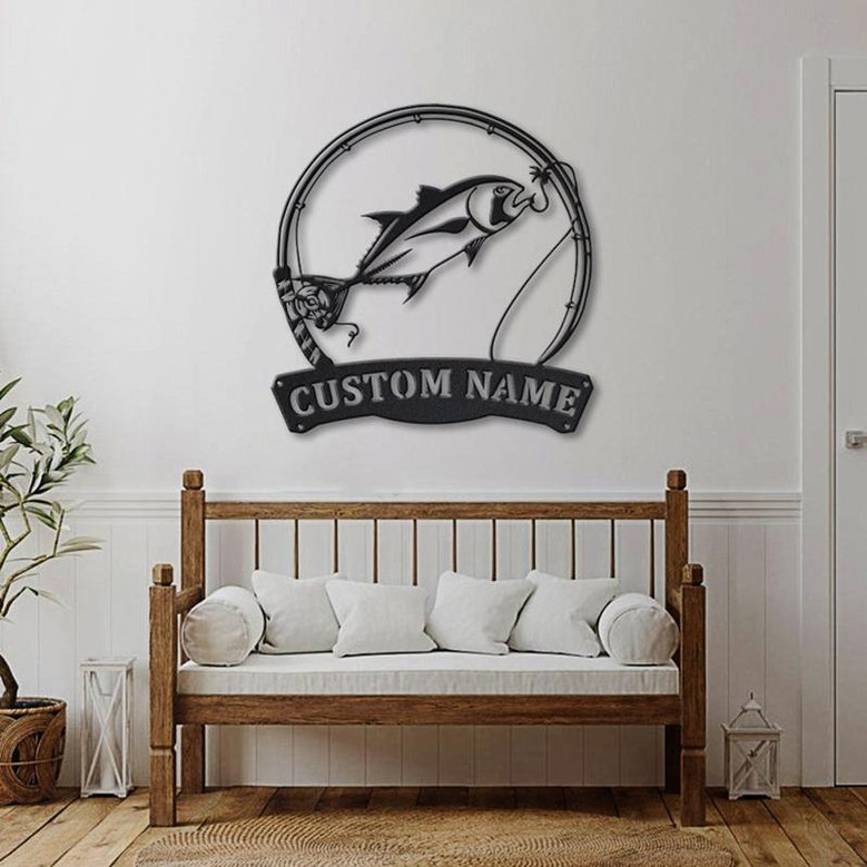 Personalized Giant Trevally Fishing Fish Pole Metal Sign Art | Custom Giant Trevally Fishing Monogram Metal Sign | Fishing Gifts