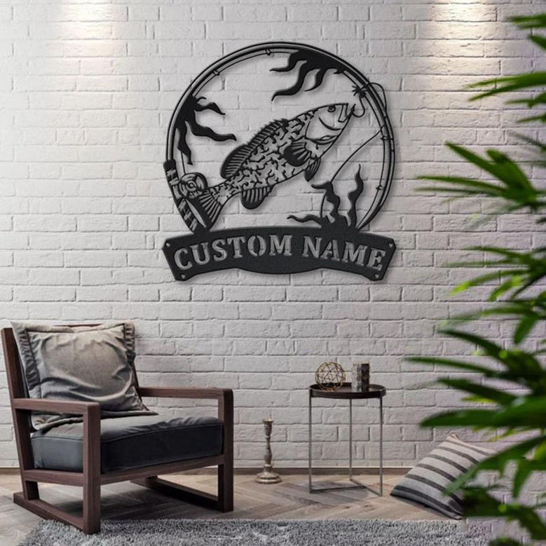 Personalized Grouper Fishing Fish Pole Metal Sign Art | Custom Grouper Fishing Metal Sign | Grouper Fishing Gifts for Men | Fishing Gift