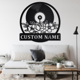 Custom Floral Music Turntable Record Metal Wall Art, Personalized Disc Jockey Name Sign Decoration For Room, DJ Metal Home Decor, Custom DJ