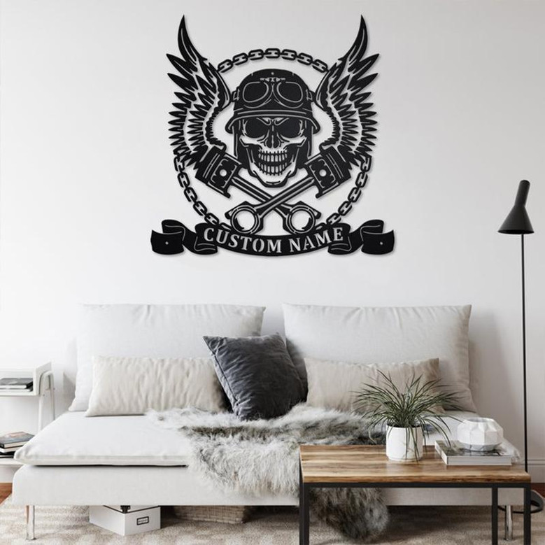 Custom Biker Skull With Wings And Pistons Metal Wall Art, Personalized Biker Name Sign Decoration For Room, Biker Home Decor, Custom Biker