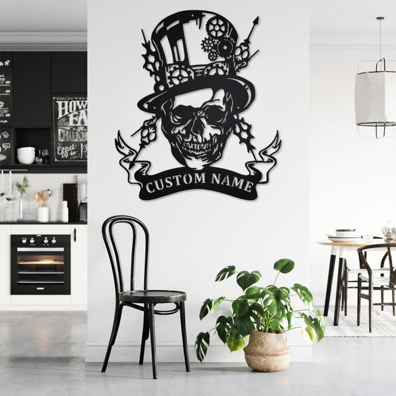 Custom Steampunk Skull Metal Wall Art, Personalized Steampunk Skull Name Sign Decoration For Room, Steampunk Skull Metal Home Decor, Skull