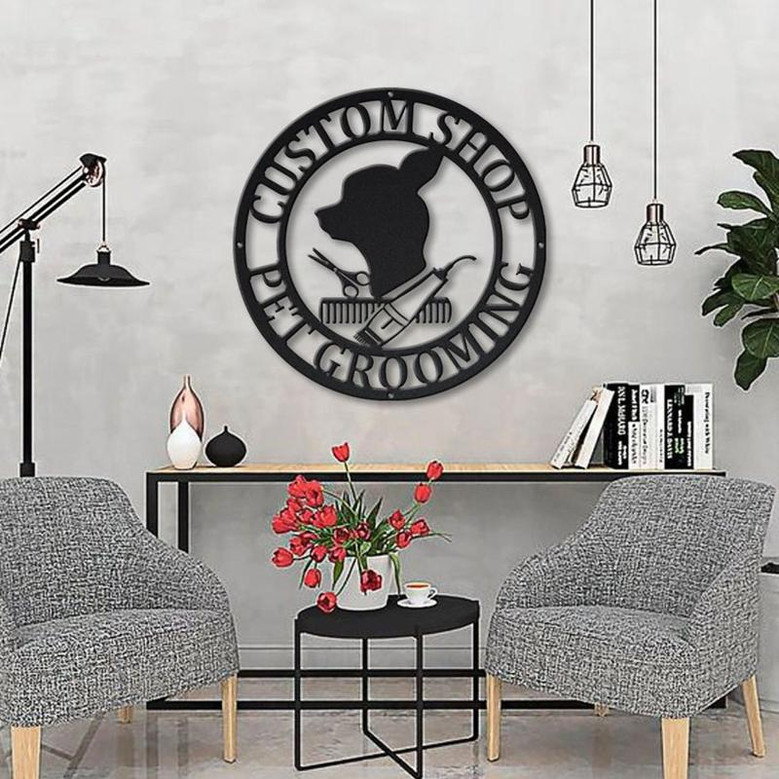 Personalized Pet Grooming Monogram Metal Sign Art Custom Pet Grooming Metal Sign Pets Lover Sign Decoration For Living Room