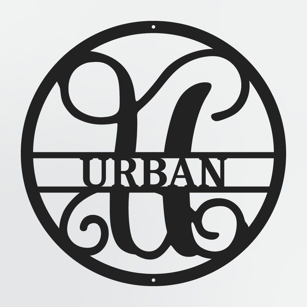 Curly Script Split Letter Monogram In Circle, Personalized Metal Family Name Sign