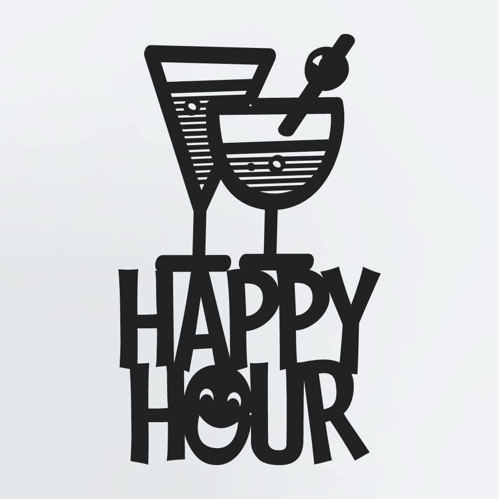Happy Hour Sign With Cocktails, Smiley Face Metal Wall Decor, Metal Sign for Patio, Bar & Pub, Entertainment Area