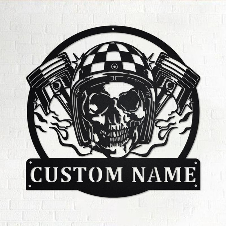 Custom Skull With Piston Biker Metal Wall Art, Personalized Biker Name Sign Decoration For Room, Biker Home Decor, Custom Biker